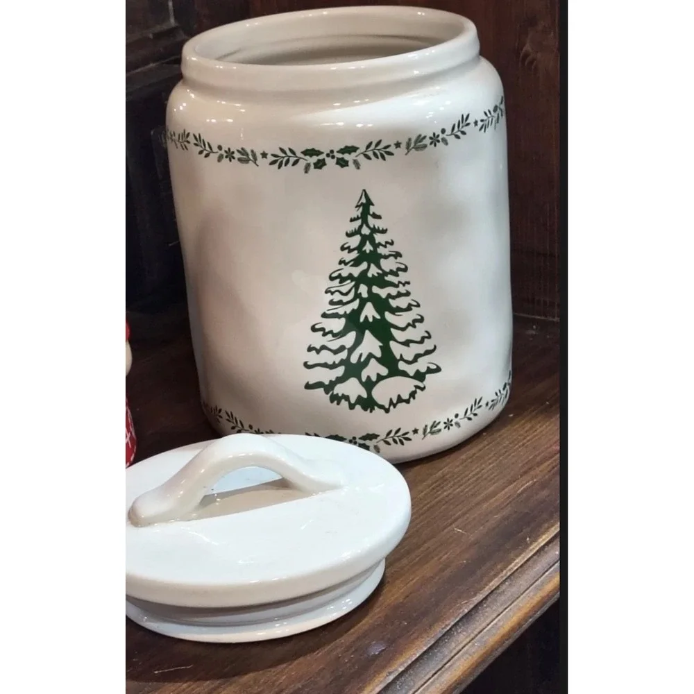 White Ceramic Christmas Tree Cookie Jar Green Evergreen Holiday Stoneware